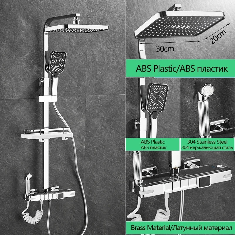 Brass Shower Faucet Thermostatic,Shower Syetem,30cm Spray Head, Digital Display LED,Bathroom Faucet,Black/Chrome