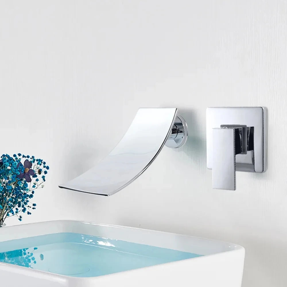 Shinesia Waterfall Bathroom Faucet Concealed Wall Mounted Bathroom Sink Mixer Tap Single Lever Wash Basin Faucets Gold/Black