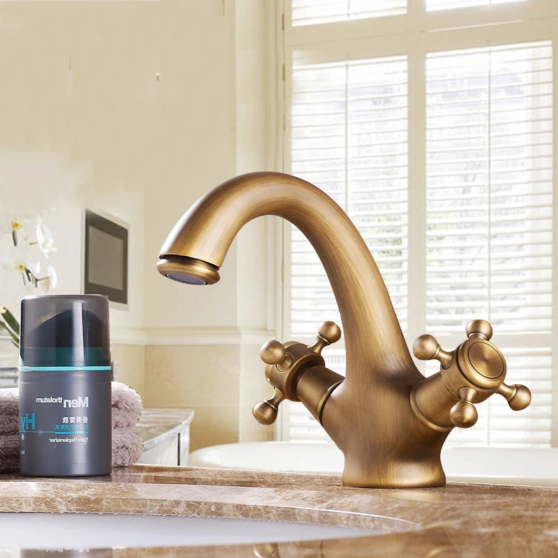 Dual Handle Antique Basin Faucet Hot and Cold Water Crane Bronze Sink Faucet Bathroom Vintage Mixers Taps Gold
