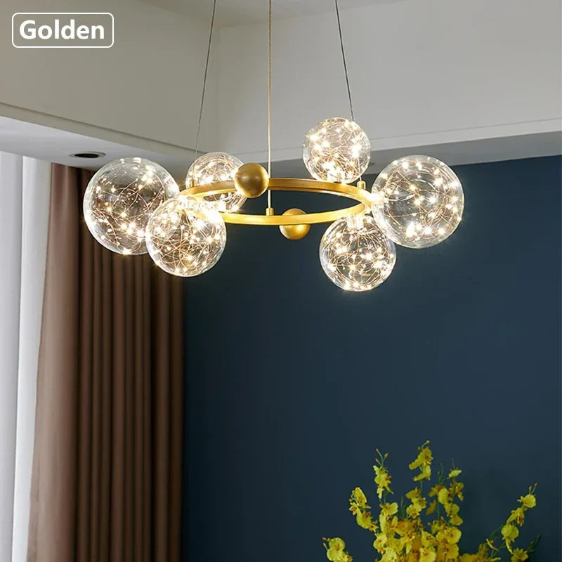 Nordic Ring Pendant Lamp Romantic Star Chandelier Round Long Glass Ball Hanging Light Dining Table Above Starry Sky LED Lights