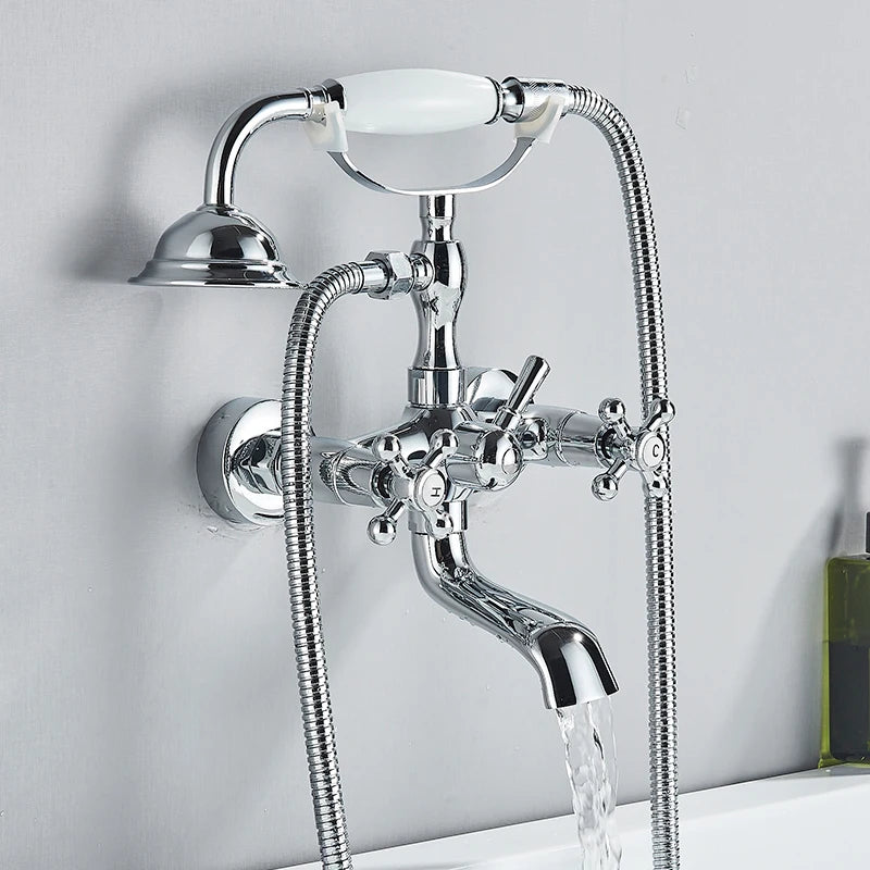 Retro Antique Brass Black Bronze Bathtub Shower Faucets Set Dual Knobs Mixer Tap Wall Mounted Bath Shower Set Swivel Tub Spout