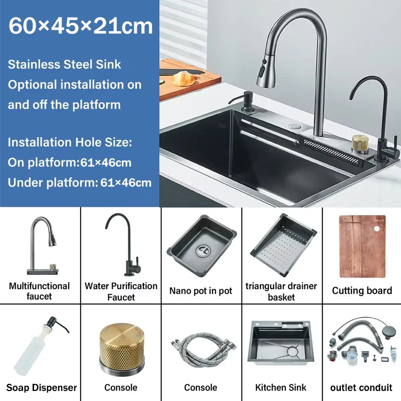 304 Stainless Steel Waterfall Kitchen Sink Sink Large Single basin With Large Single Slot Sink Above Counter With Cup Disher