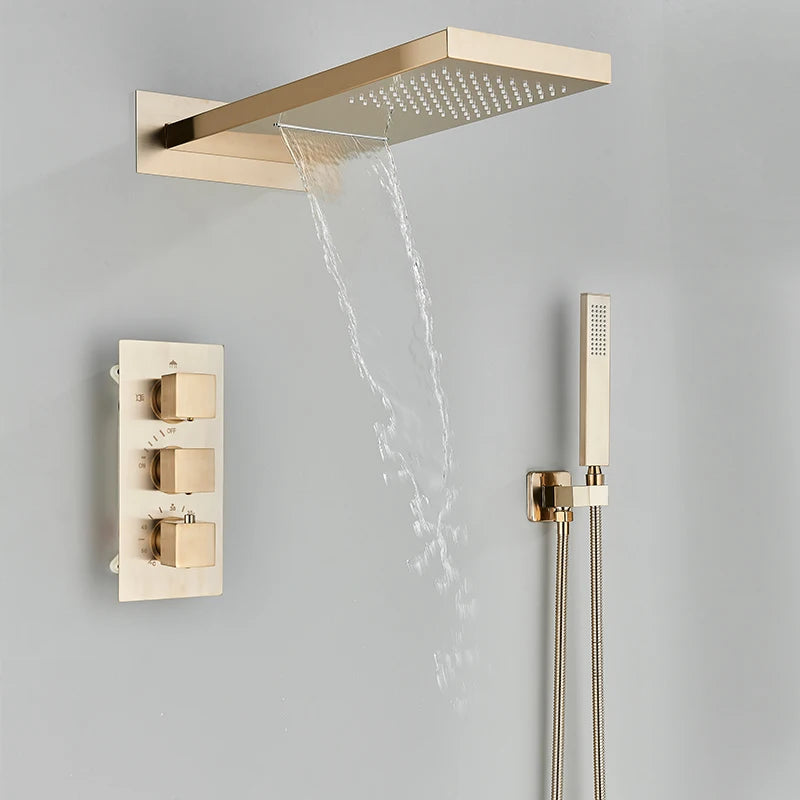 Quyanre Black Thermostatic Shower Faucets Set Rain Waterfall Shower Head With 3-way Thermostatic Mixer Tap Bath Shower Faucet