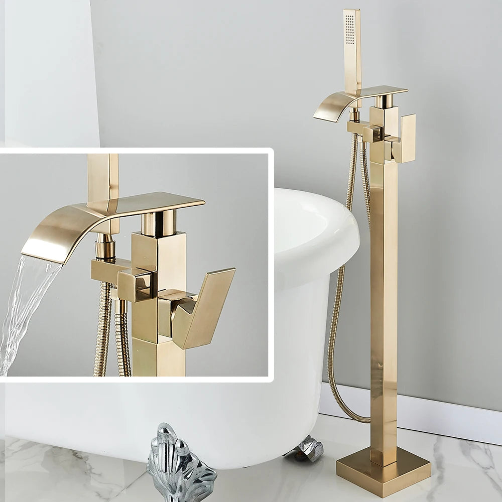 Floor Standing Faucet Bathtub Shower Floor Mounted Tub Filler Faucet Brass Bathroom Tub Faucets with Hand Shower