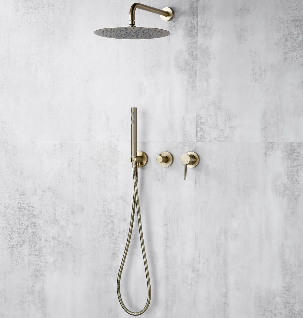 Smesiteli Shower System Set Brushed Gold Wall Mount Bathroom Faucet Hidden Brass Hot Cold Valve Bath Shower Rain Shower Kit