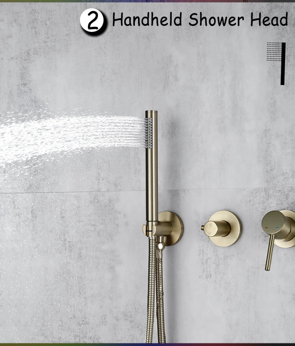 Smesiteli Shower System Set Brushed Gold Wall Mount Bathroom Faucet Hidden Brass Hot Cold Valve Bath Shower Rain Shower Kit