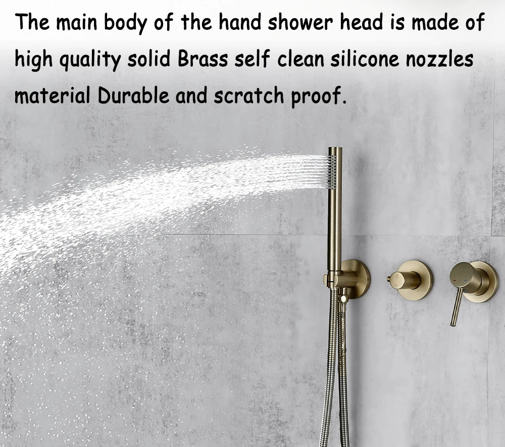 Smesiteli Shower System Set Brushed Gold Wall Mount Bathroom Faucet Hidden Brass Hot Cold Valve Bath Shower Rain Shower Kit