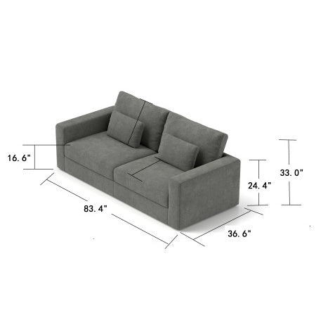 83 Modern Sofa Couches For Living Room, 3 Seater Sofa, Upholstered Compressed Cushions Detachable Cover,Pewter