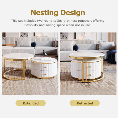 Modern 2-piece White and Gold Circular Nesting Coffee Table With Drawers