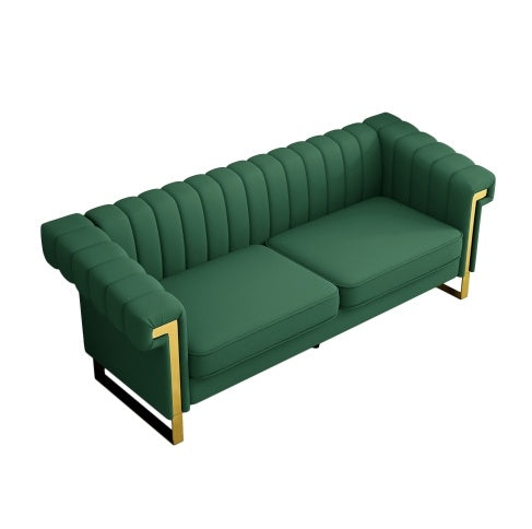 Modern Green PU Sofa With Gold Accents - Sleek Channel-Tufted Upholstery, 3-Seat Couch For Living Room And Office DecorTEMU Suitabl