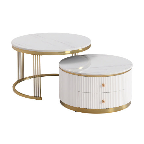 Modern 2-piece White and Gold Circular Nesting Coffee Table With Drawers