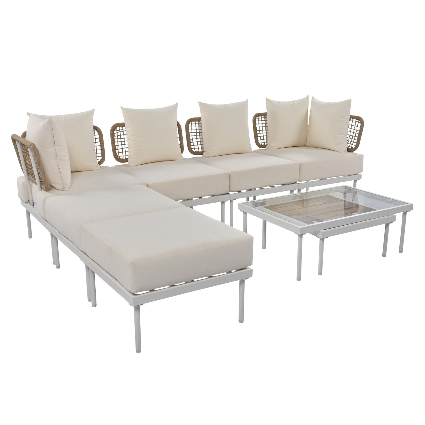 8-Piece Patio Sectional Sofa Set With Tempered Glass + Wooden Coffee Table
