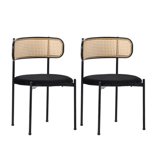 Mid-Century Modern Velvet Dining Chairs with Rattan Back
