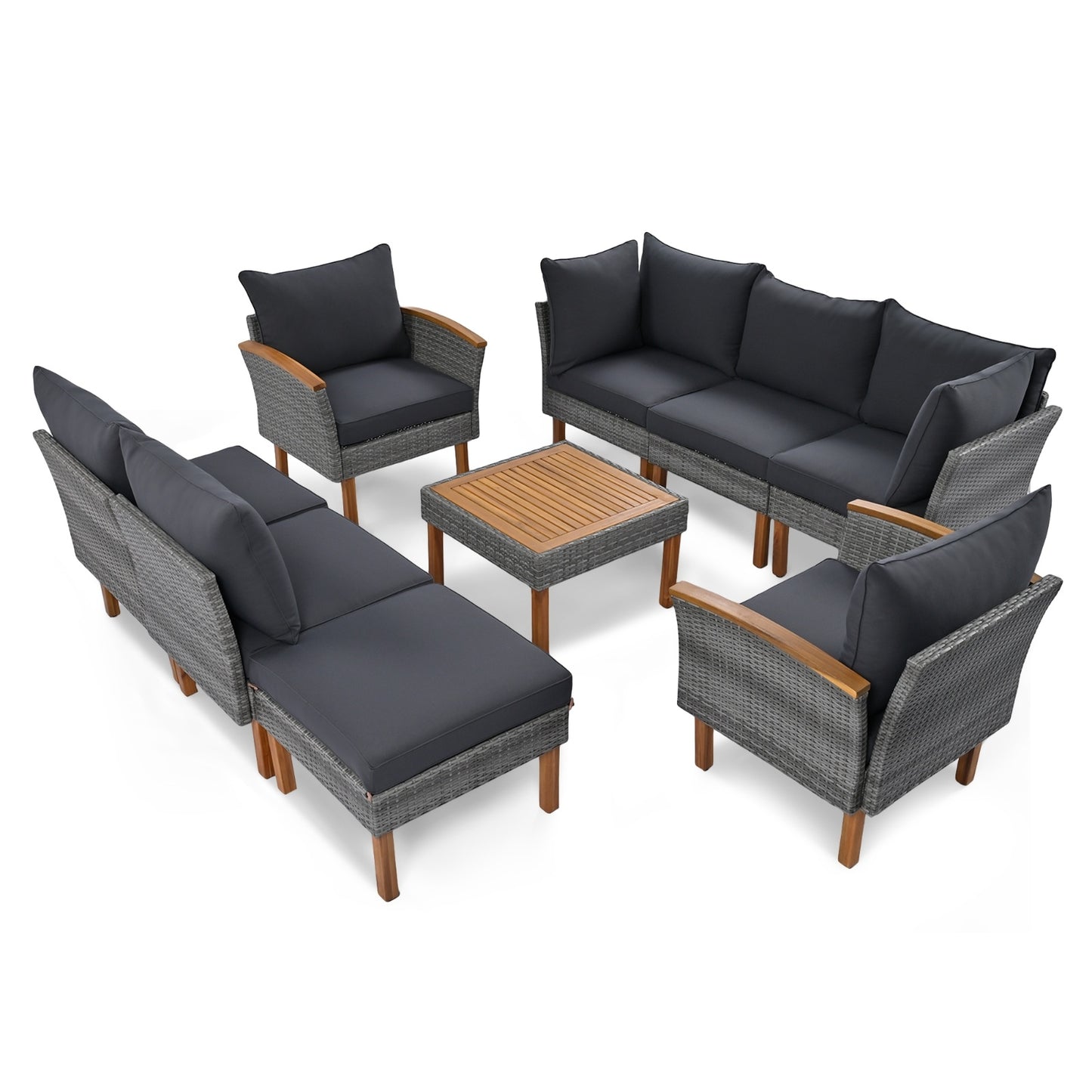 9-Piece Rattan Set With Acacia Wood Legs & Table
