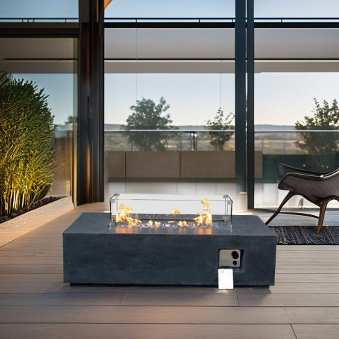 52 Inch Outdoor Concrete Propane Gas Rectangle Fire Pit Table In Dark Gray Color