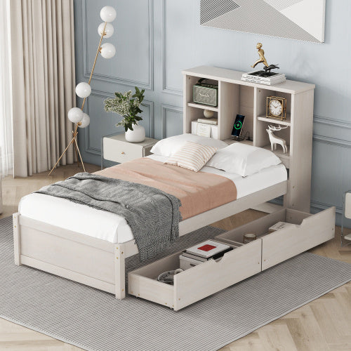 Modern Twin Size Bed Frame With Built-in USB Port On Bookcase and 2 Drawers with White Washed Color