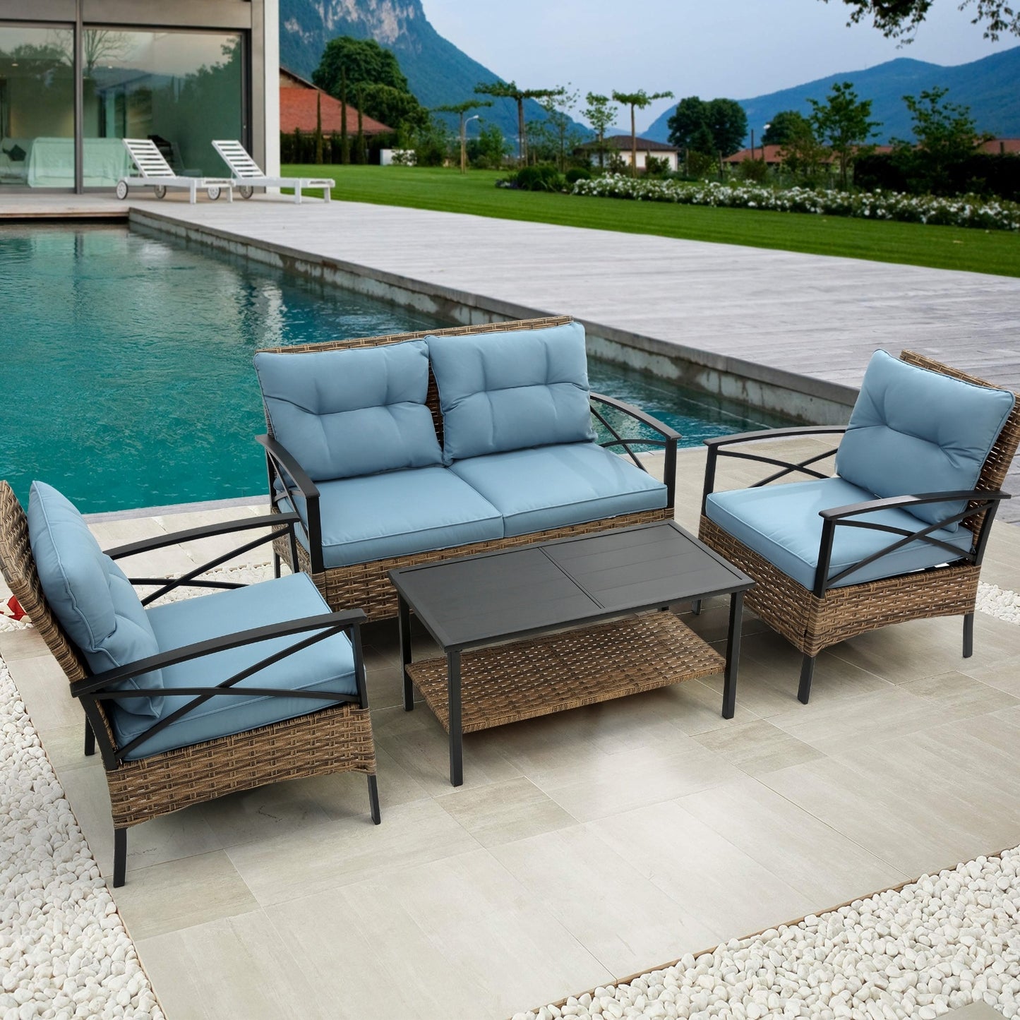 4-Piece Patio Sectional Sofa Set - KD Rattan Wicker Outdoor Furniture