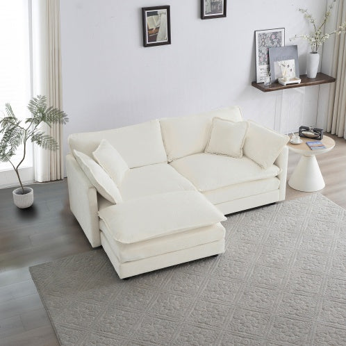 White Chenille 2 Seater L-Shaped Sectional With Ottoman
