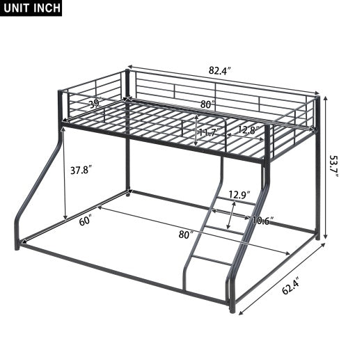 Black Metal Floor Bunk Bed, Twin XL Over Queen