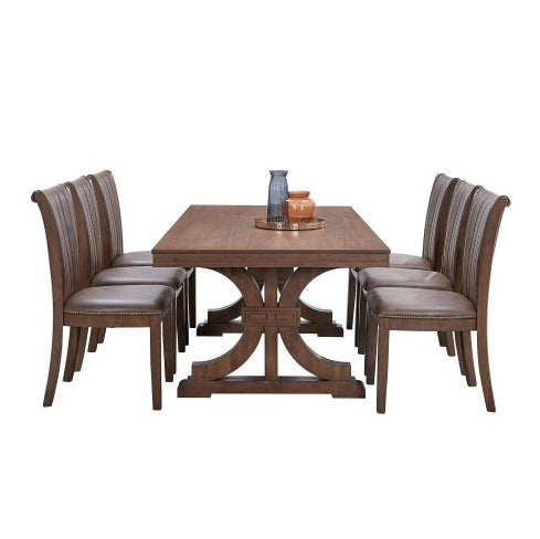Mid-Century Modern Oak Rectangular Wood Dining Table For 6-8 With Wooden Trestle Pedestal Base