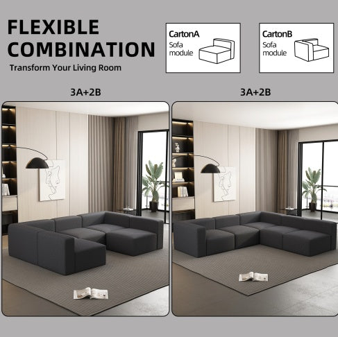Modular Sectional Sofa With Chaise And Ottoman, Convertible U Shaped Modular Sofa Set. Compressed Sponge, Dark Grey
