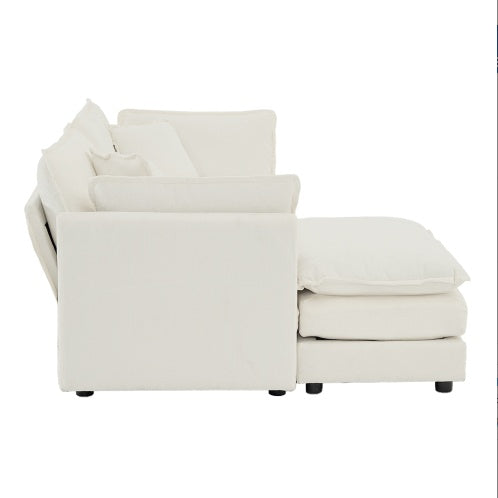 White Chenille 2 Seater L-Shaped Sectional With Ottoman