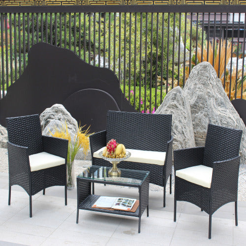 4 PC Rattan Patio Furniture Set Outdoor Cushioned Seat Wicker and Beige