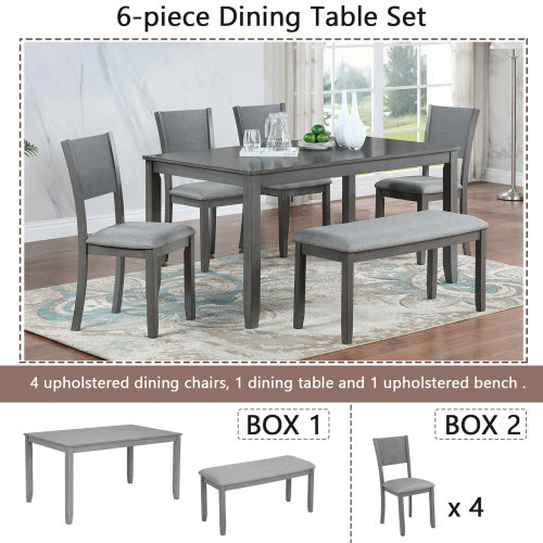 6 Piece Rectangular Wooden Dining Set With 4 Upholstered Chairs And A Bench in Grey