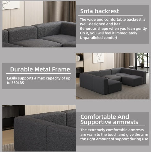 Modular Sectional Sofa With Chaise And Ottoman, Convertible U Shaped Modular Sofa Set. Compressed Sponge, Dark Grey
