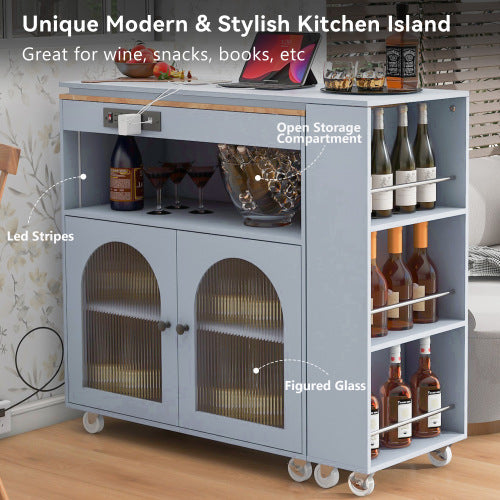 Grey-Blue Rolling Kitchen Island With Extended Table