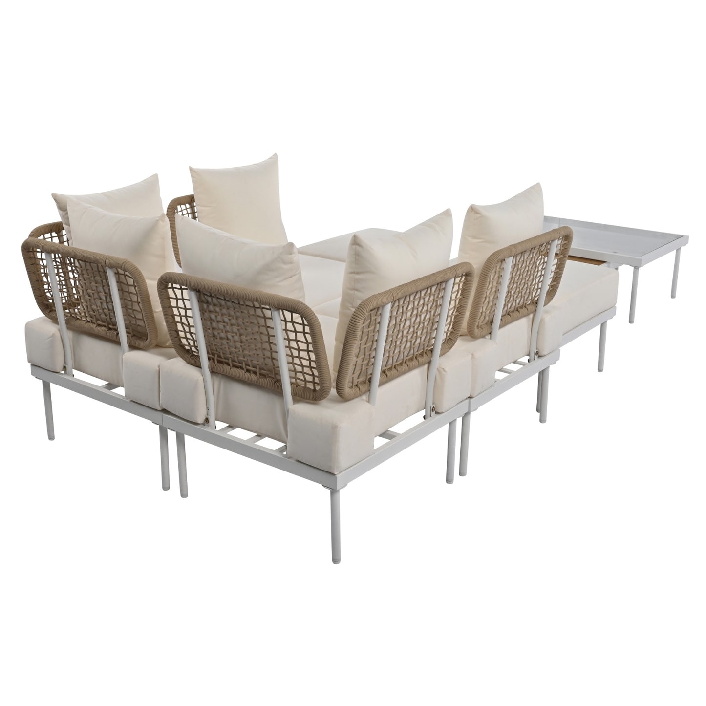 8-Piece Patio Sectional Sofa Set With Tempered Glass + Wooden Coffee Table
