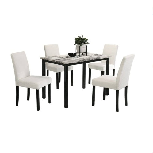 White Wool Fabric Chairs with Faux Marble Top Table 5pc Dining Set