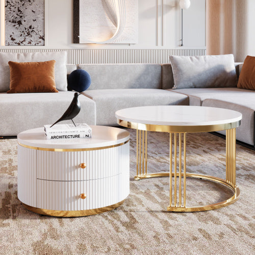 Modern 2-piece White and Gold Circular Nesting Coffee Table With Drawers