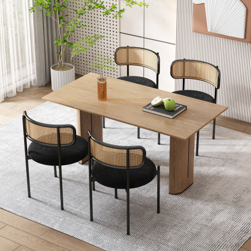 Mid-Century Modern Velvet Dining Chairs with Rattan Back