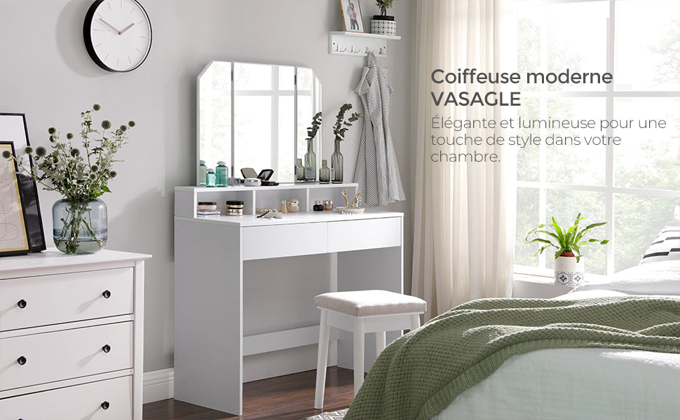 VASAGLE Dressing Table with Large Rectangular Mirror, Vanity Table with 2 Drawers and 3 Open Compartments, Vanity Table, Modern