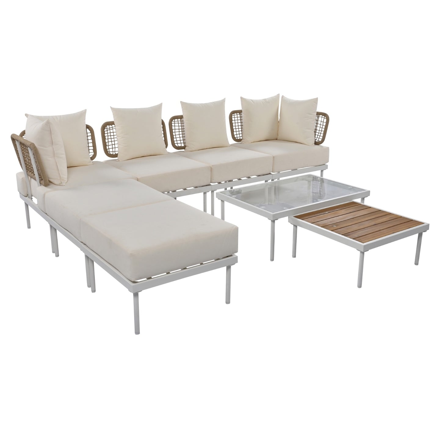 8-Piece Patio Sectional Sofa Set With Tempered Glass + Wooden Coffee Table