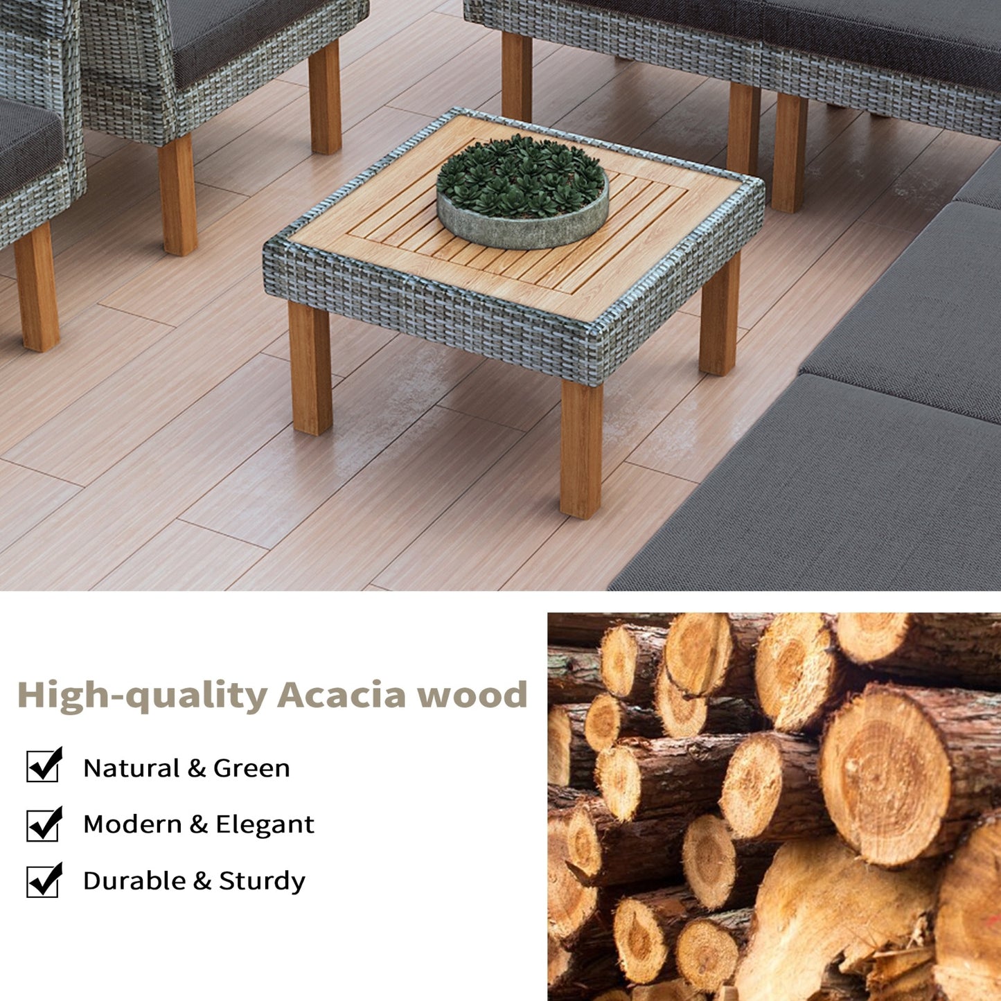 9-Piece Rattan Set With Acacia Wood Legs & Table