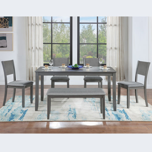 6 Piece Rectangular Wooden Dining Set With 4 Upholstered Chairs And A Bench in Grey