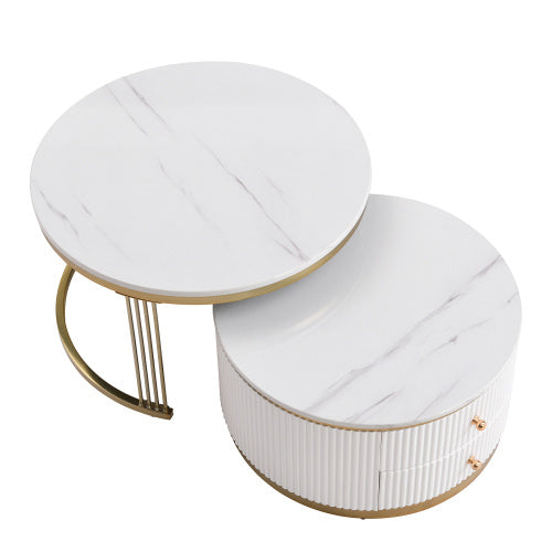 Modern 2-piece White and Gold Circular Nesting Coffee Table With Drawers