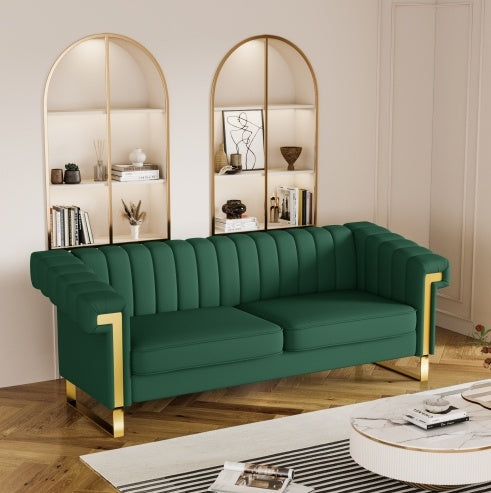 Modern Green PU Sofa With Gold Accents - Sleek Channel-Tufted Upholstery, 3-Seat Couch For Living Room And Office DecorTEMU Suitabl
