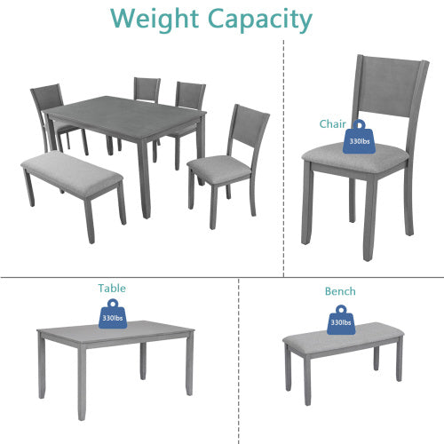 6 Piece Rectangular Wooden Dining Set With 4 Upholstered Chairs And A Bench in Grey