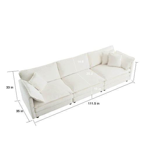 Mid-Century Modern Couch 3-Seater Sofa White Chenille