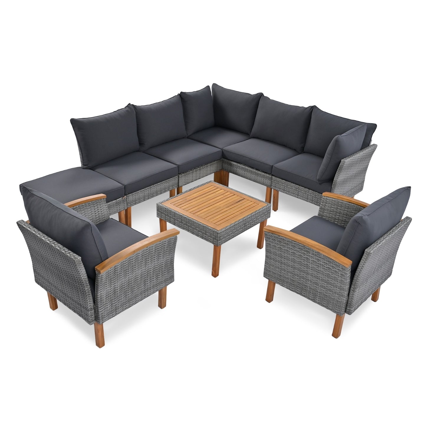9-Piece Rattan Set With Acacia Wood Legs & Table