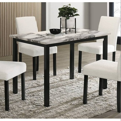 White Wool Fabric Chairs with Faux Marble Top Table 5pc Dining Set