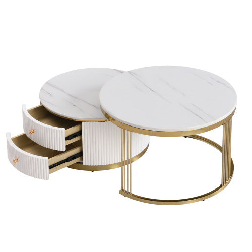 Modern 2-piece White and Gold Circular Nesting Coffee Table With Drawers