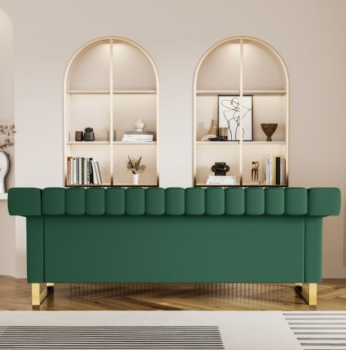 Modern Green PU Sofa With Gold Accents - Sleek Channel-Tufted Upholstery, 3-Seat Couch For Living Room And Office DecorTEMU Suitabl