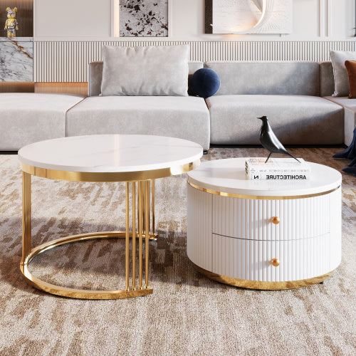 Modern 2-piece White and Gold Circular Nesting Coffee Table With Drawers