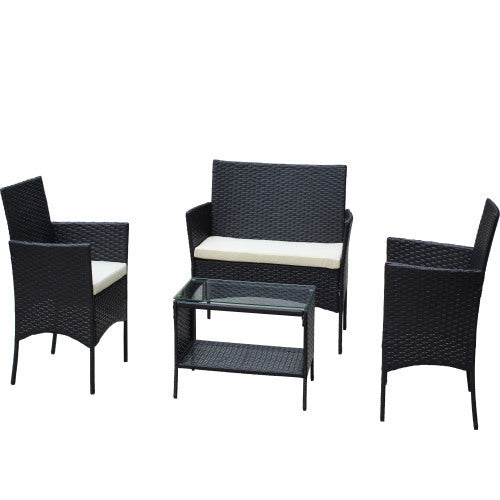 4 PC Rattan Patio Furniture Set Outdoor Cushioned Seat Wicker and Beige
