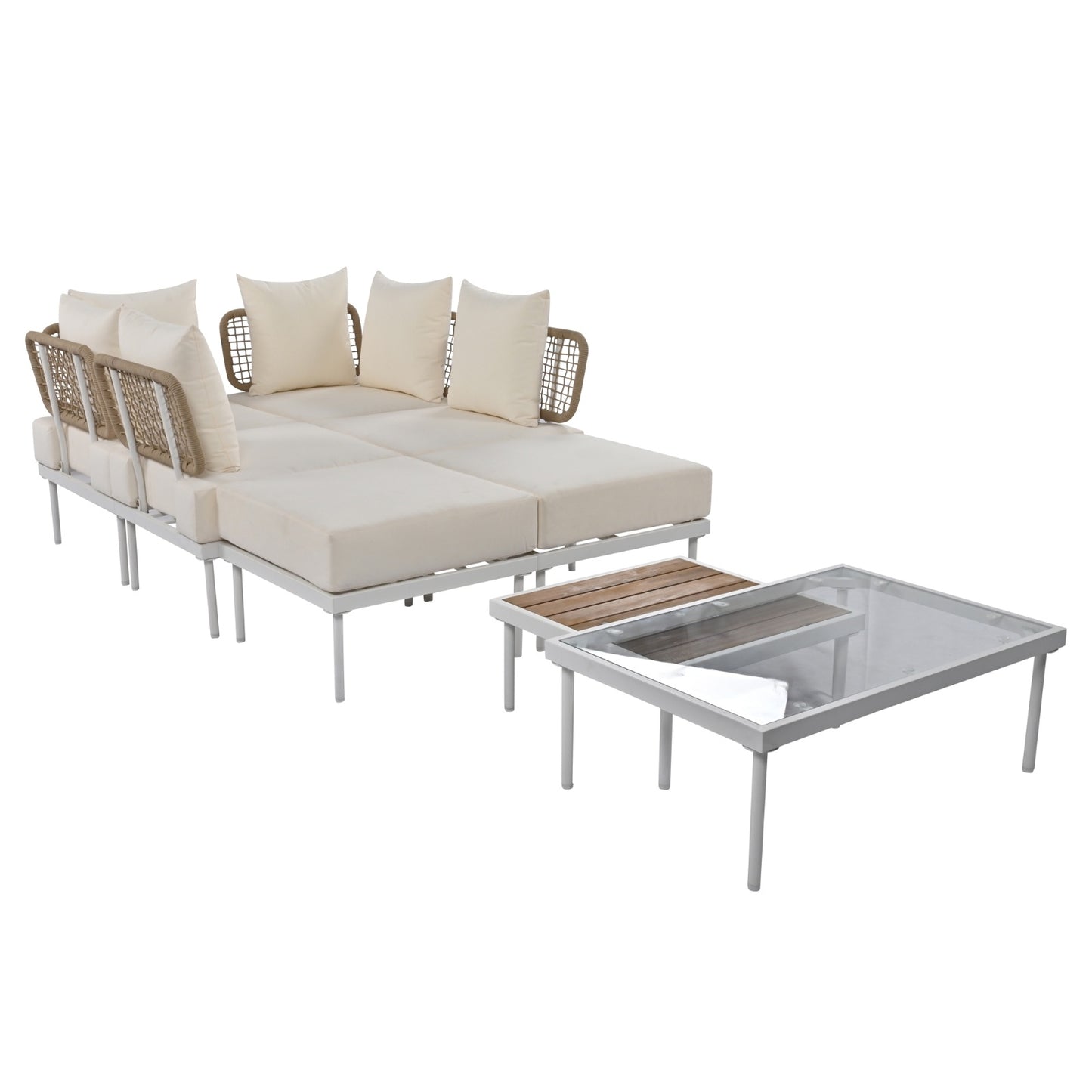 8-Piece Patio Sectional Sofa Set With Tempered Glass + Wooden Coffee Table