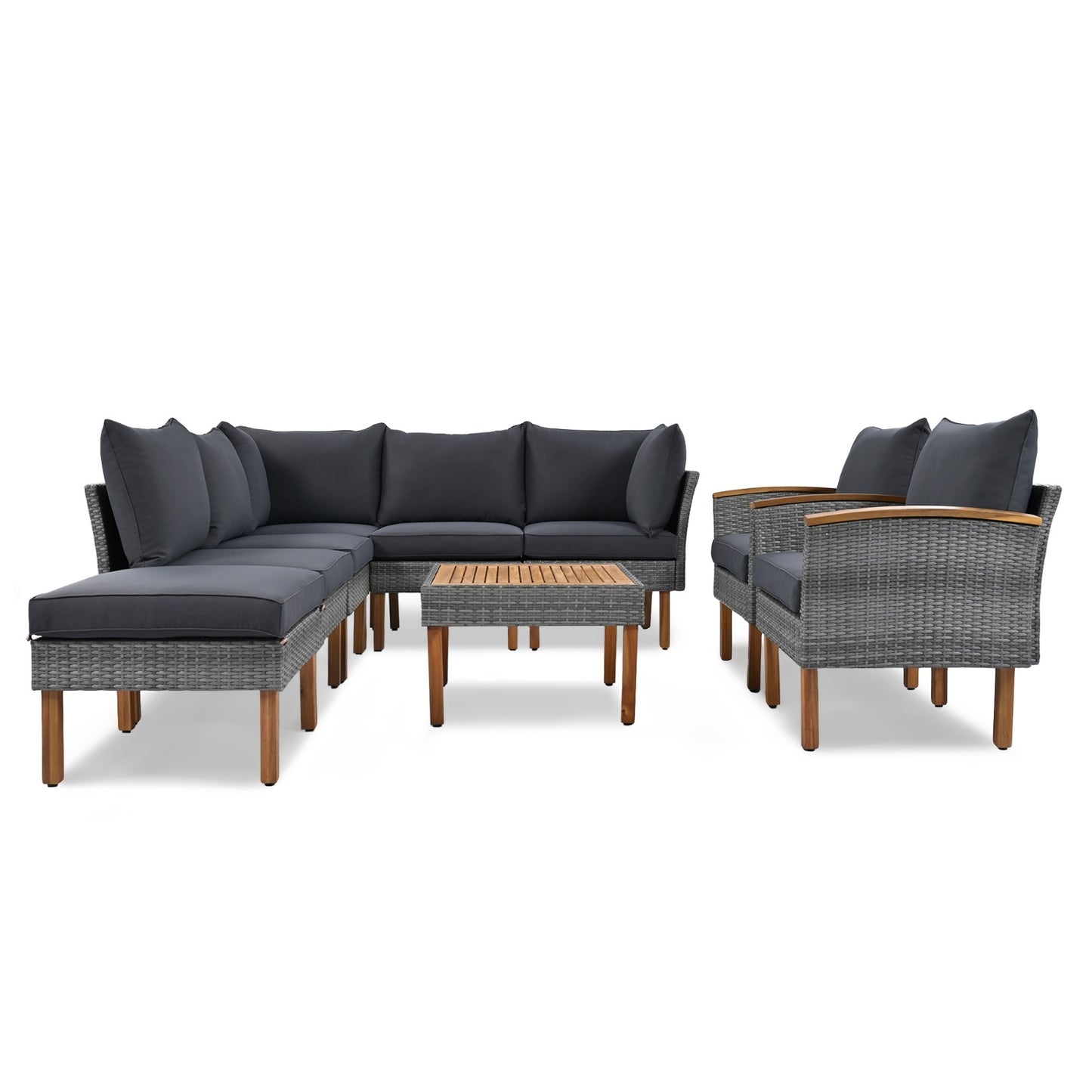 9-Piece Rattan Set With Acacia Wood Legs & Table